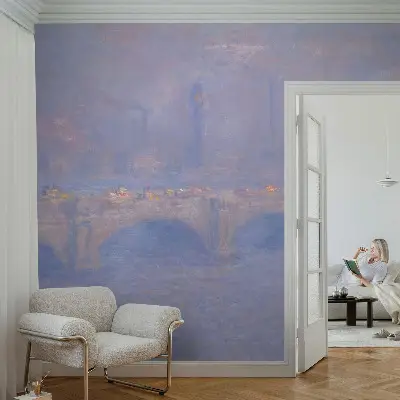 Fotomural decorativo para cabecero de cama con diseño de puente azul