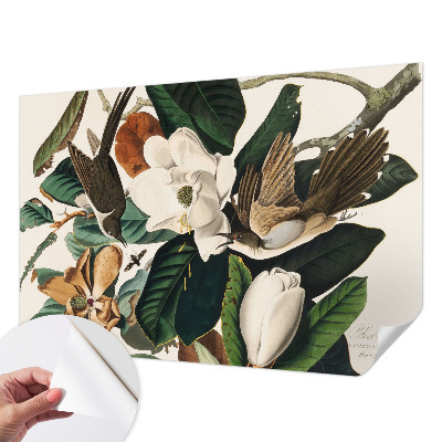 Papel mural texturado decorativo con diseño de magnolias y pájaros