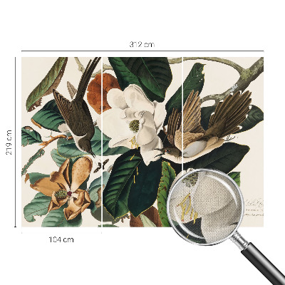 Papel mural texturado decorativo con diseño de magnolias y pájaros