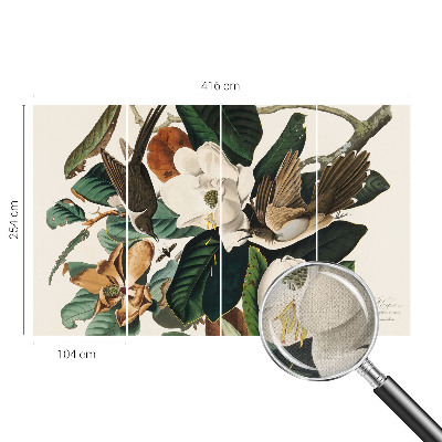 Papel mural texturado decorativo con diseño de magnolias y pájaros
