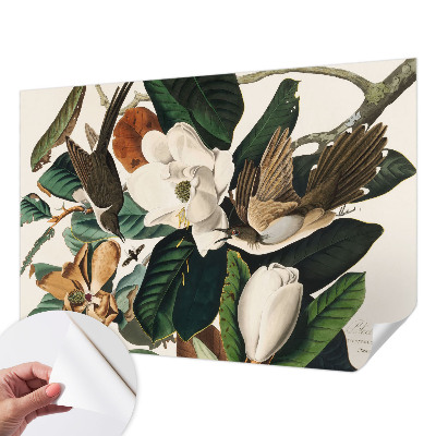 Papel mural texturado decorativo con diseño de magnolias y pájaros