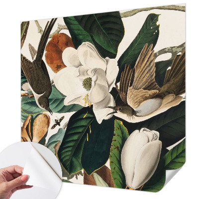 Papel mural texturado decorativo con diseño de magnolias y pájaros