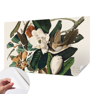 Papel mural texturado decorativo con diseño de magnolias y pájaros