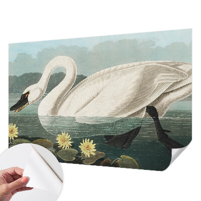 Fotomural decorativo para cabecero de cama con motivo de cisnes y nenúfares