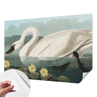 Fotomural decorativo para cabecero de cama con motivo de cisnes y nenúfares