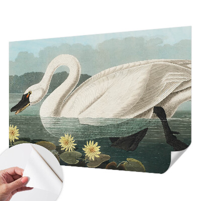 Fotomural decorativo para cabecero de cama con motivo de cisnes y nenúfares