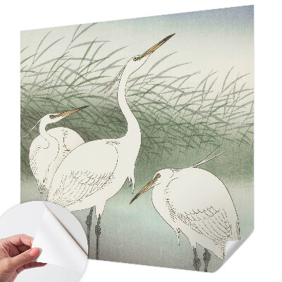 Fotomural decorativo para cabecero de cama con diseño de garzas entre la hierba