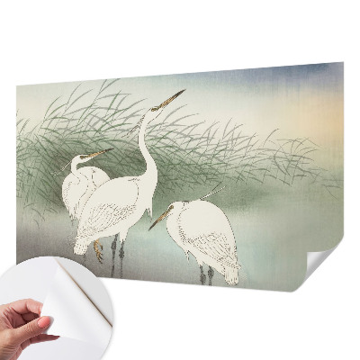 Fotomural decorativo para cabecero de cama con diseño de garzas entre la hierba
