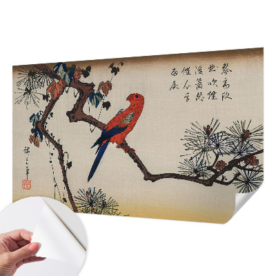 Papel mural con patrón decorativo con diseño de un pájaro posado en una rama