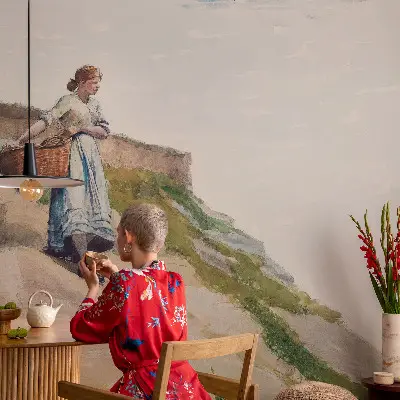 Papel mural con patrón decorativo con un paisaje femenino
