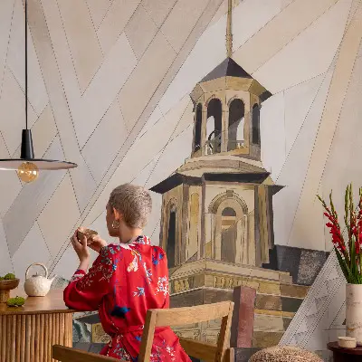 Fotomural decorativo para cabecero de cama con diseño de torre arquitectónica