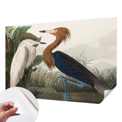 Fotomural decorativo para cabecero de cama con diseño de pájaros entre plantas