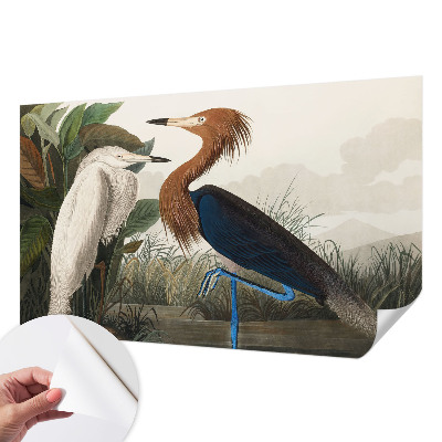 Fotomural decorativo para cabecero de cama con diseño de pájaros entre plantas