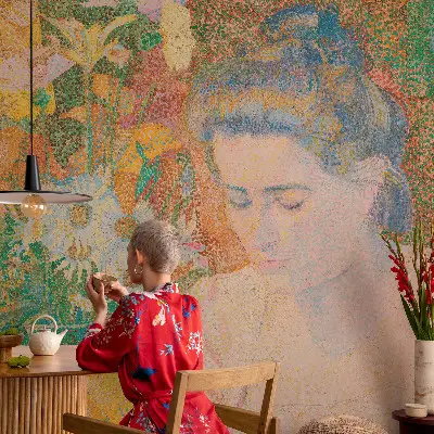 Papel mural texturado decorativo con motivo de retrato floral