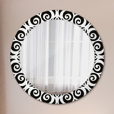 Espejo redondo con marco impreso Ornamento geométrico negro