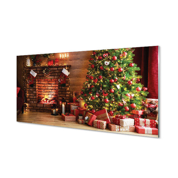 Cuadro de cristal acrílico Chimenea regalos árbol de navidad luces
