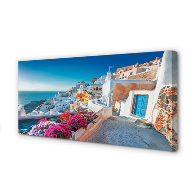Cuadros sobre lienzo Edificios grecia flores al mar