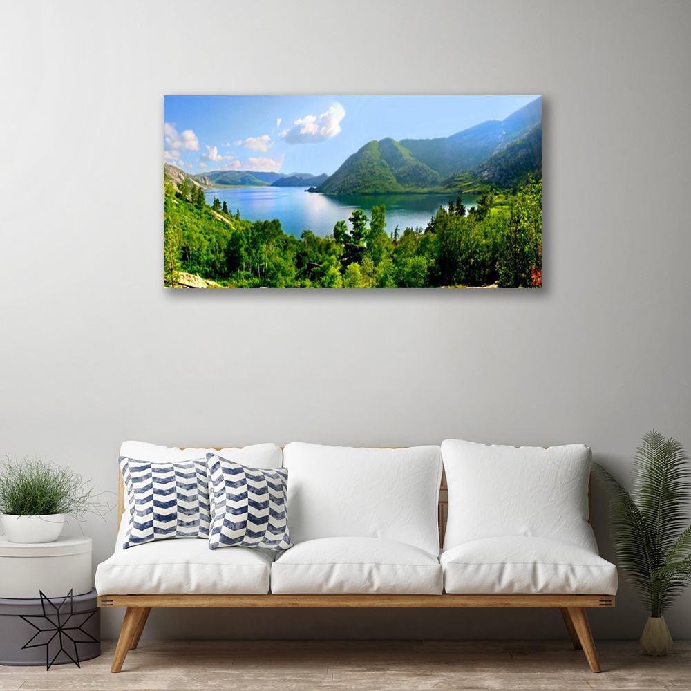 Cuadro decorativo de lienzo de 100x70 cm con marco de madera con diseño de  paisaje de lago y montañas multicolor Forme