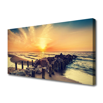 Cuadro en lienzo canvas Playa rompeolas mar puesta del sol