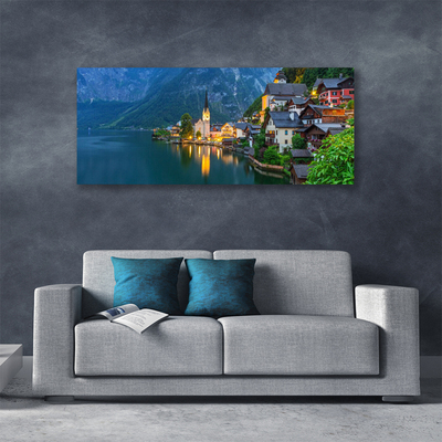 Cuadro en lienzo canvas Monte aldea de noche lago