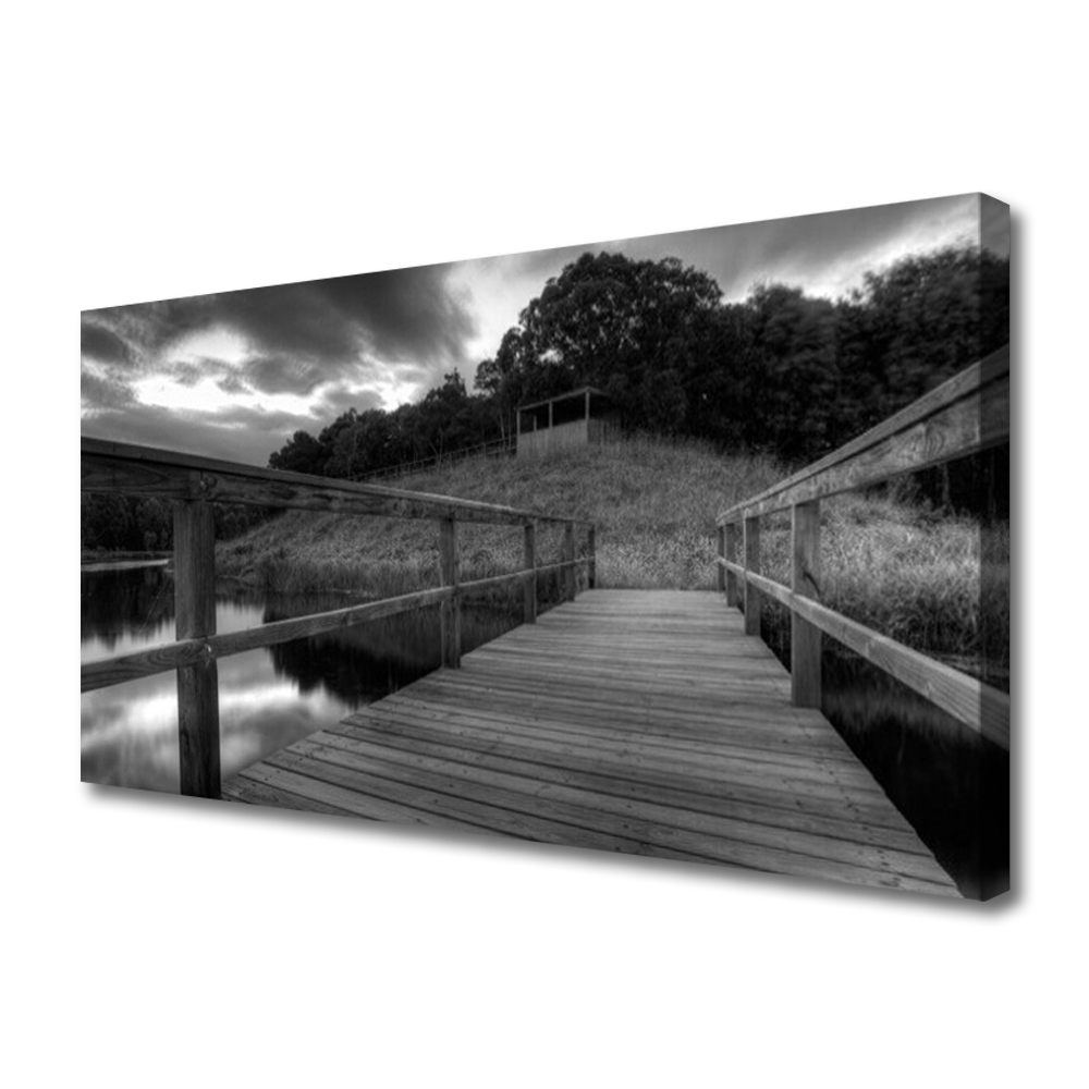 Cuadro en lienzo canvas Muelle blanco y negro lago
