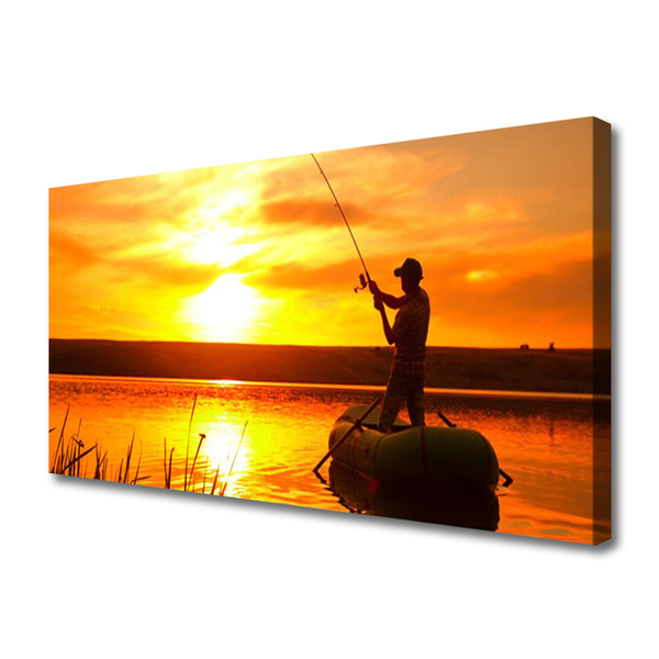 Cuadro en lienzo canvas Pescador peces puesta del sol lago