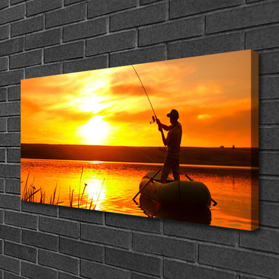Cuadro en lienzo canvas Pescador peces puesta del sol lago