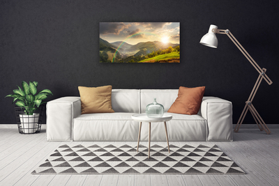 Cuadro en lienzo canvas Prado monte puesta del sol