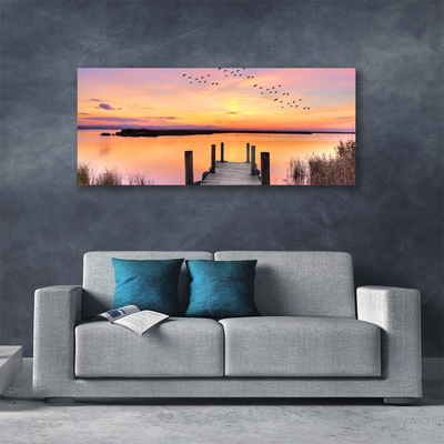 Cuadro en lienzo canvas Muelle puesta del sol lago