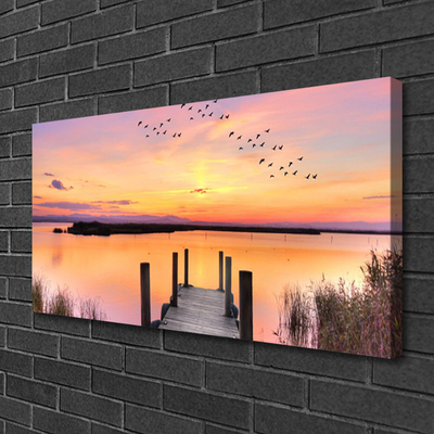 Cuadro en lienzo canvas Muelle puesta del sol lago