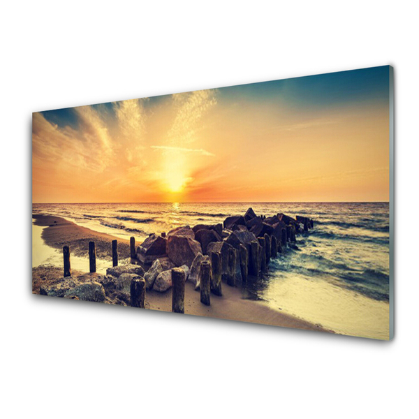 Cuadro en vidrio Playa rompeolas mar puesta del sol