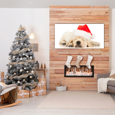 Cuadro en vidrio Cachorro de Santa sombrero de invierno