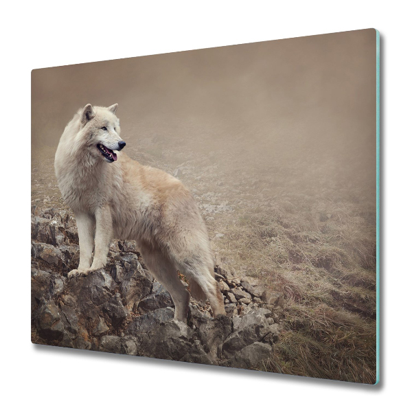 Tabla de cortar de vidrio Lobo blanco en la roca