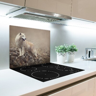 Tabla de cortar de vidrio Lobo blanco en la roca
