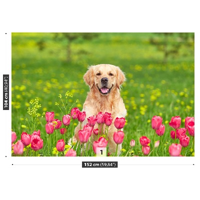 Fotomural Perro tulipanes