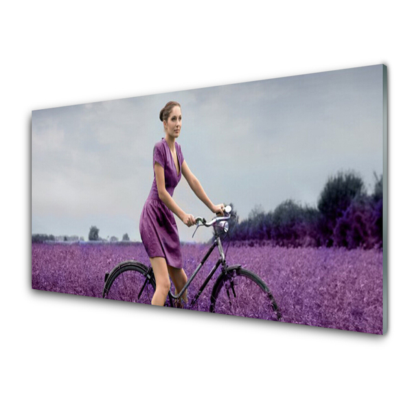 Cuadro en plexiglás Mujer bicicleta prado hombre