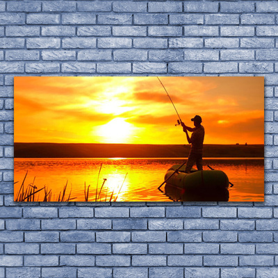 Cuadro en plexiglás Pescador peces puesta del sol lago
