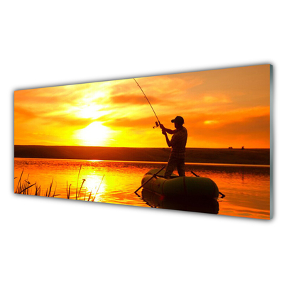 Cuadro en plexiglás Pescador peces puesta del sol lago