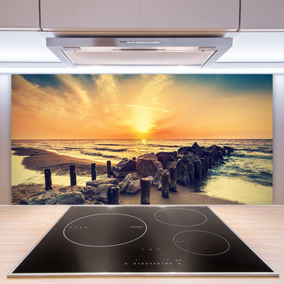 Paneles de vidrio para la cocina Playa rompeolas mar puesta del sol