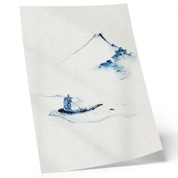 Póster de un hombre en una pequeña barca en un río con el monte Fuji al fondo de Hokusai (1830-1850)
