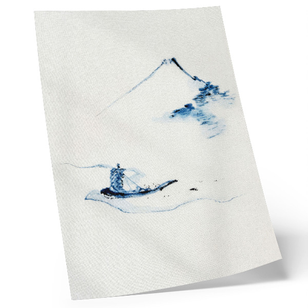 Póster Hombre en una pequeña barca en un río con el monte Fuji al fondo (1830-1850) de Hokusai