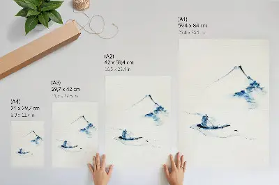 Póster de un hombre en una pequeña barca en un río con el monte Fuji al fondo de Hokusai (1830-1850)