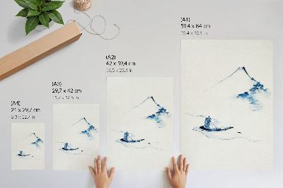 Póster Hombre en una pequeña barca en un río con el monte Fuji al fondo (1830-1850) de Hokusai