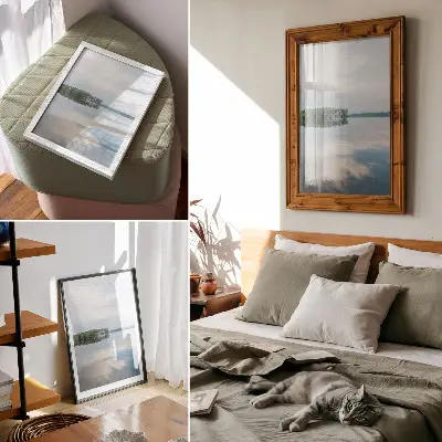 Lienzo decorativo moderno paisaje de agua tranquila con árboles y reflejo del cielo
