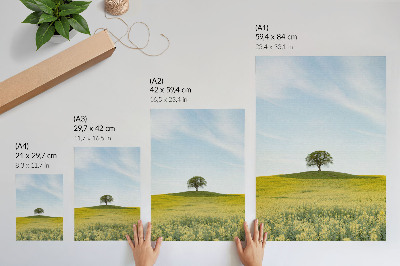 Póster con colores saturados Un árbol en una colina en un campo amarillo