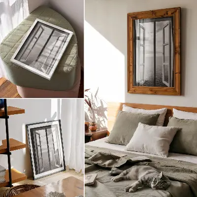 Póster Ventana abierta con efecto horizonte y colores saturados en un espacio de paz