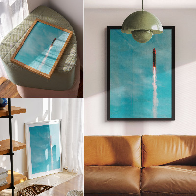 Lienzo decorativo moderno Un cohete ascendiendo hacia el cielo azul