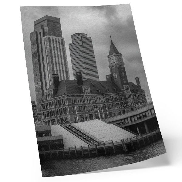 Póster de edificios históricos con edificios de gran altura y alto contraste de color
