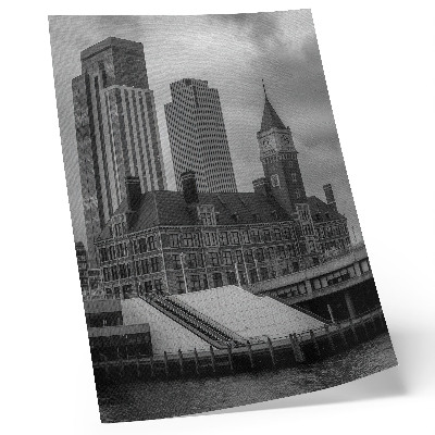 Póster de edificios históricos con edificios de gran altura y alto contraste de color