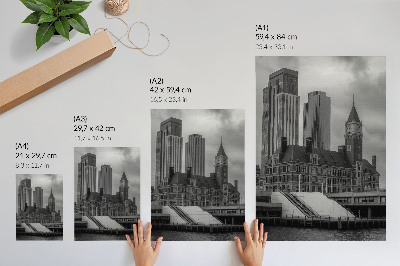 Póster de edificios históricos con edificios de gran altura y alto contraste de color
